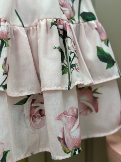 Vestido Infantil Algodão Rodado Floral Rosa Bordado Manual e Strass Rosa - Luluzinha