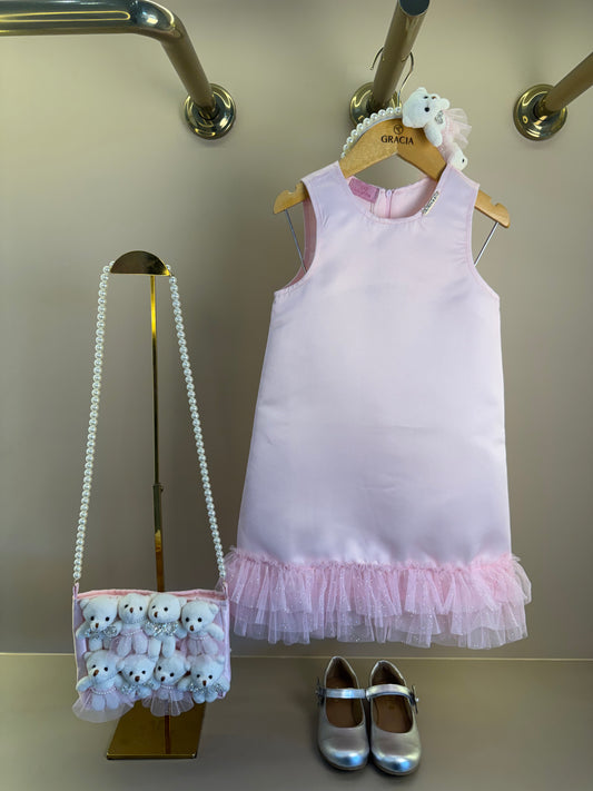 Vestido Infantil Rosa Acetinado Barra Em Tule Franzido e Bolsa Com Ursinhas - Luluzinha