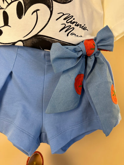 Conjunto Infantil Blusa Minnie Estampa Tomates e Saia Shorts Laço Bordado de Tomate - Animê