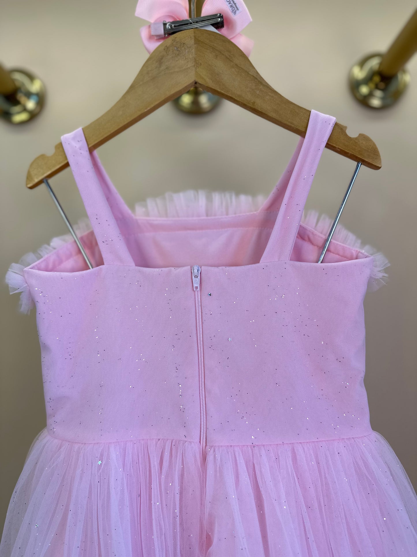Vestido Infantil Tule com Brilho Tomas e Frufru Rosa Claro - Petit Cherie