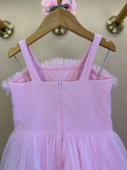Vestido Infantil Tule com Brilho Tomas e Frufru Rosa Claro - Petit Cherie