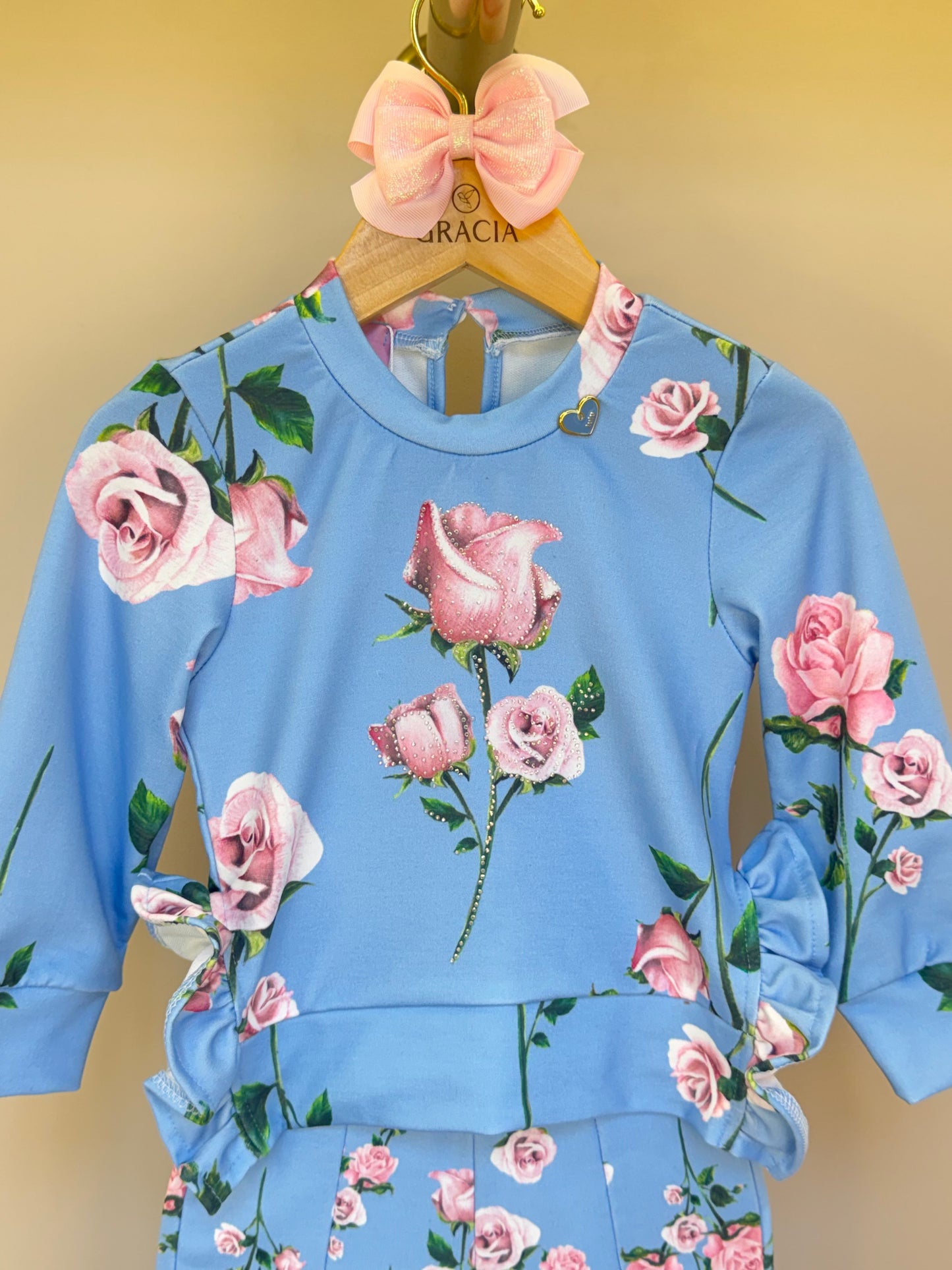 Conjunto Infantil Moletinho Blusa Abertura Lateral e Strass e Calça Montaria Floral - Luluzinha