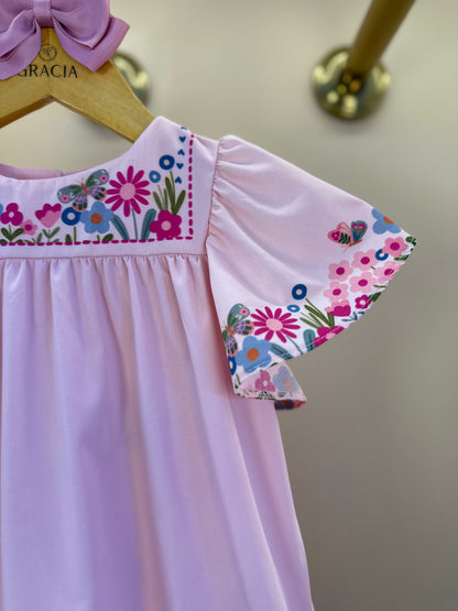 Vestido Infantil Trapézio Flores e Babado Rosa - Mon Sucré