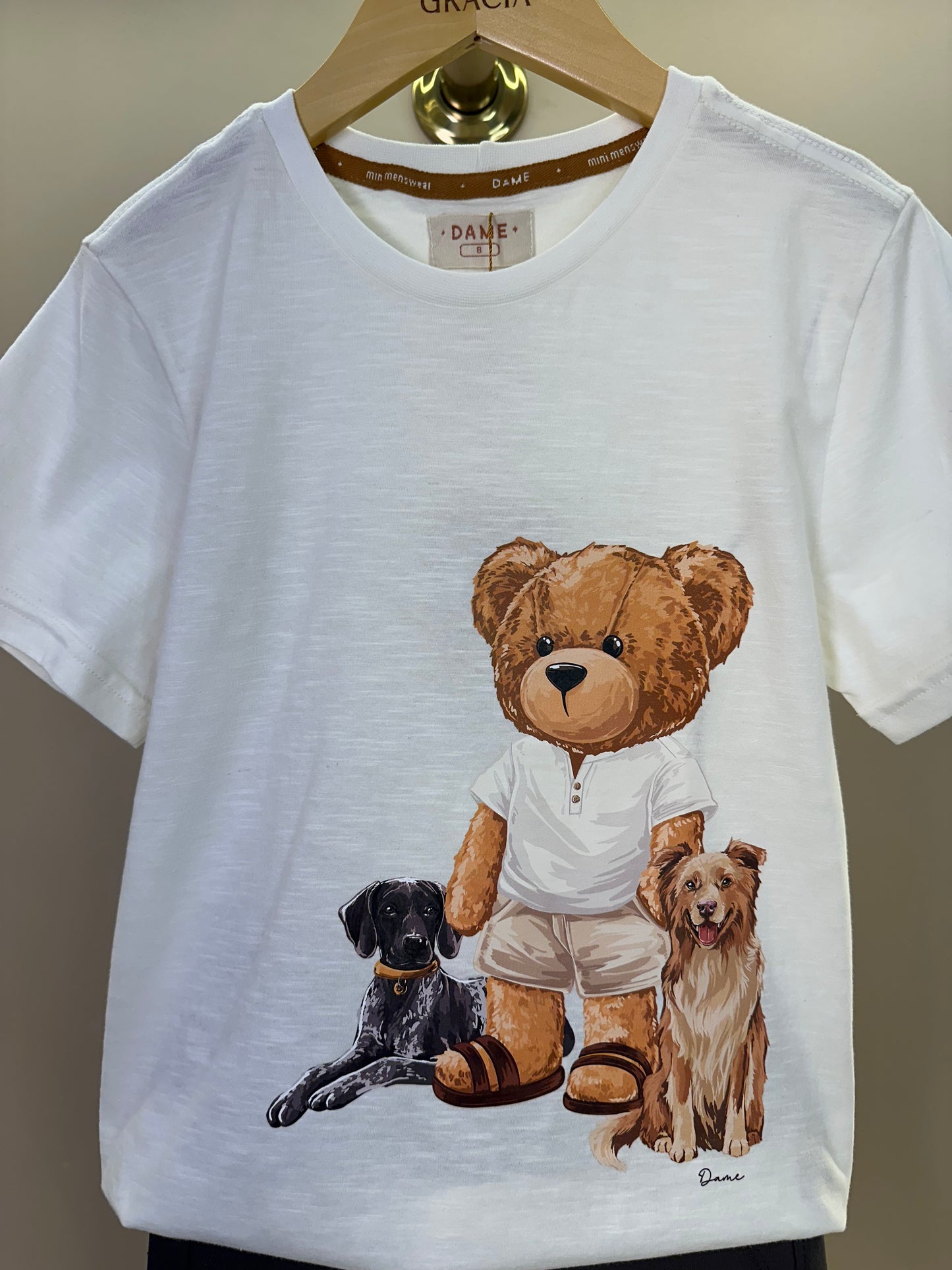 Conjunto Infantil Camiseta Teddy Cachorros Off e Bermuda Suedine Algodão Bolsos Grafite - Dame