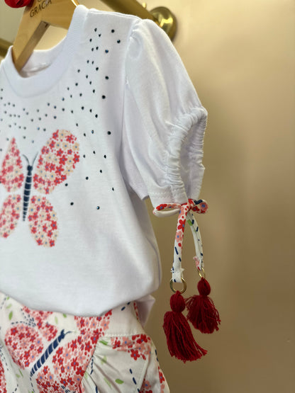 Conjunto Infantil Blusa Manga Bufante e Pompom e Shorts Babados - Beabá