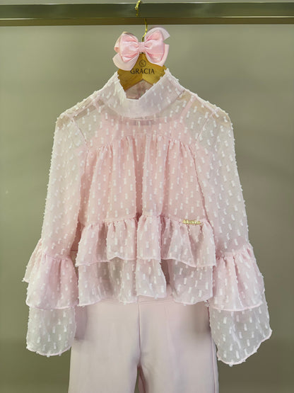 Conjunto Infantil Blusa Chiffon com Babados e Calça Alfaiataria - Luluzinha