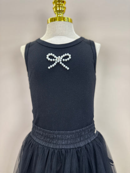 Conjunto Infantil Regata Lacinho Bordado e Saia-shorts Tule Lacinhos Veludo Preta - Pituchinhus
