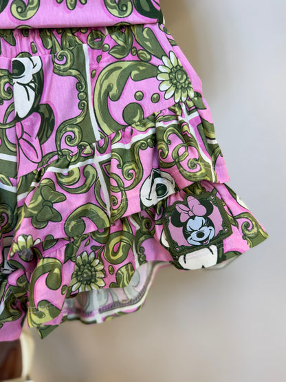 Conjunto Infantil Blusa e Shorts Maxi Minnie Barrado Rosa e Verde Forest - Animê PRÉ-VENDA