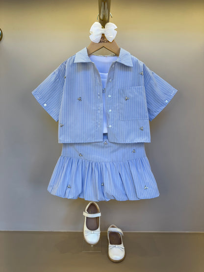 Conjunto Infantil  Saia Com Detalhes  Camisa Listrada Blusa Branca - Gabriela Aquarela