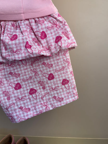 Conjunto Infantil Regata Cropped Laço Puffer Barbie Rosa e Shorts Babado Balonê Rosa Xadrez - Pituchinhus