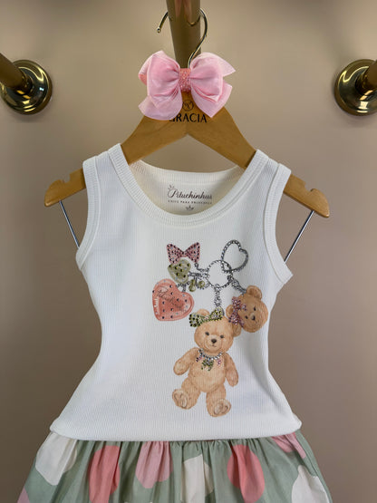 Conjunto Infantil Regata Chaveiro Ursos Cristais e Saia Midi Poá Colorido - Pituchinhus