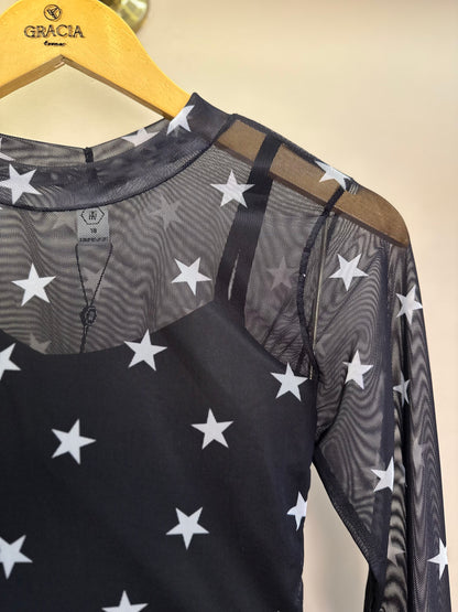 Conjunto Teen Blusa ML Tule Estrelas e Saia Sarja com Pregas Preta - Two In
