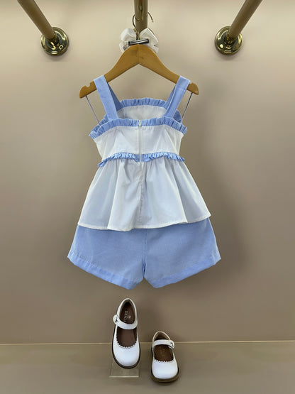 Conjunto Infantil Blusa Flor de Crochê e Shorts Alfaiataria Listrado - Luluzinha
