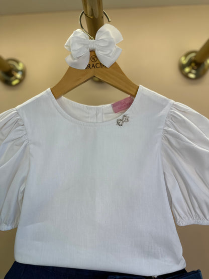 Conjunto Infantil Blusa Algodão e Saia Jeans Laços - Luluzinha