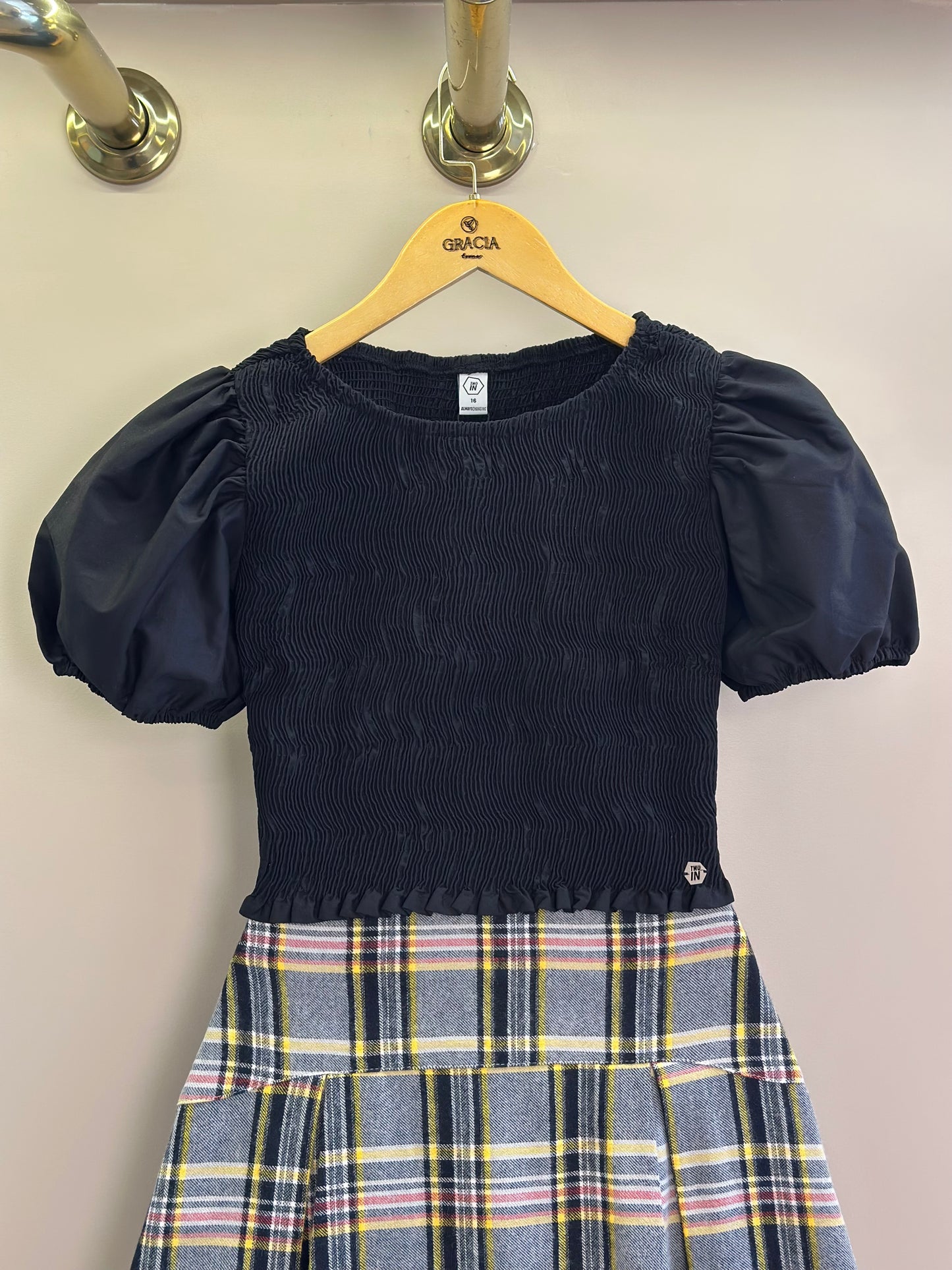 Conjunto Teen Blusa Lastex e Saia Pregas Xadrez - Two In