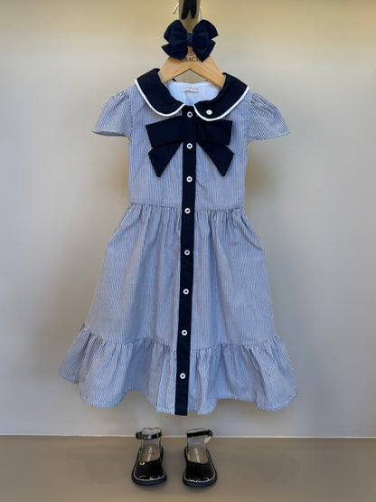 Vestido Infantil  Midi Tricoline Listrado Marinho - Um Mais Um