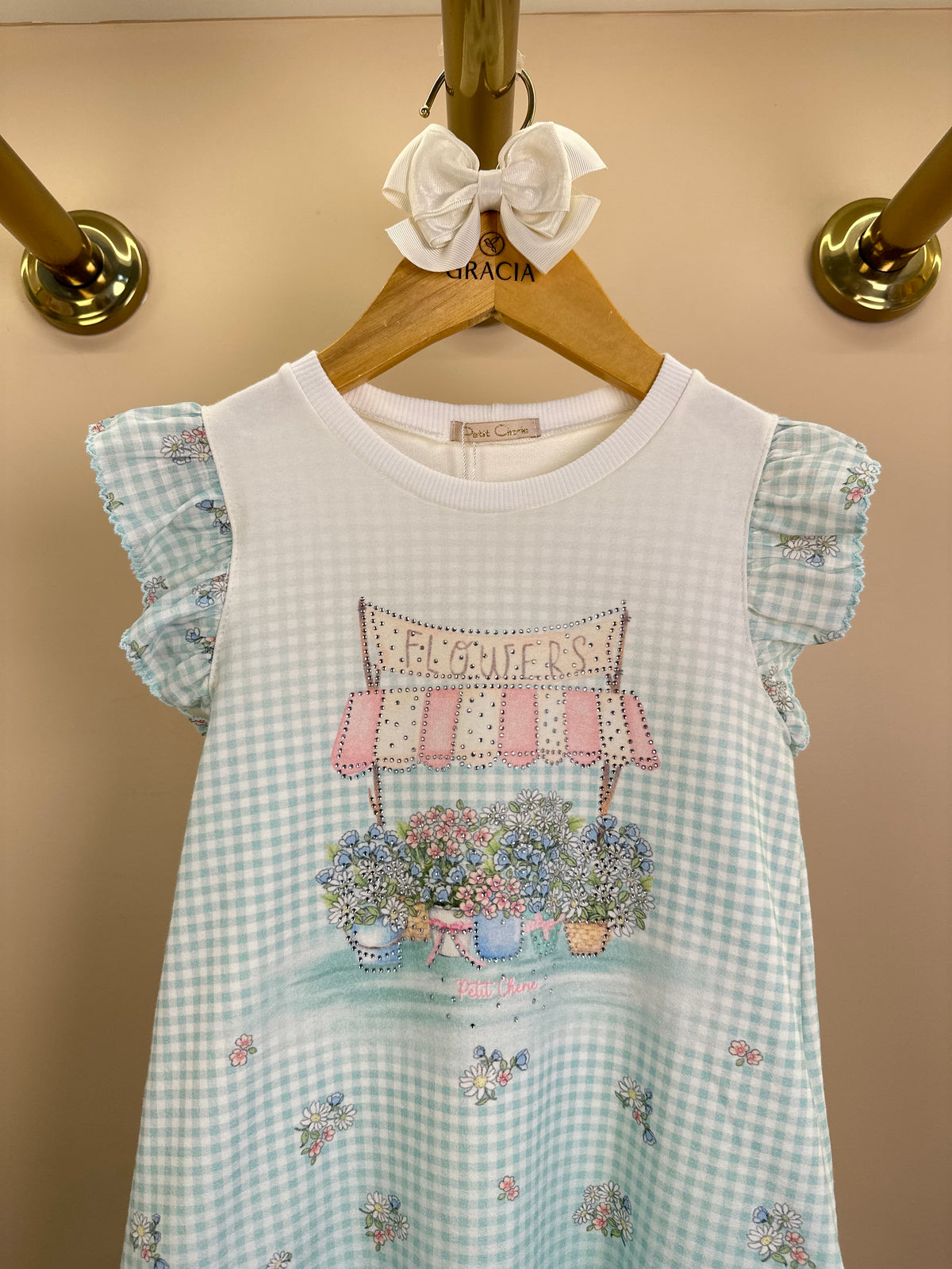 Vestido Infantil Quadriculado Azul Claro Flores e Strass - Petit Cherie