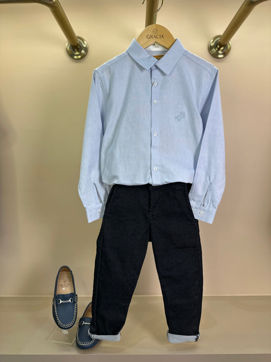 Conjunto Infantil Camisa Tricoline Azul e Calça Social Sarja Flex Preta - Dame