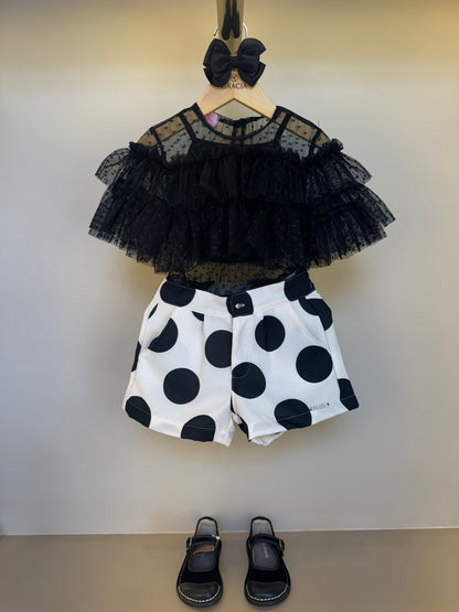Conjunto Infantil Blusa Babados Tule Mini Póas e Shorts Póas - Luluzinha