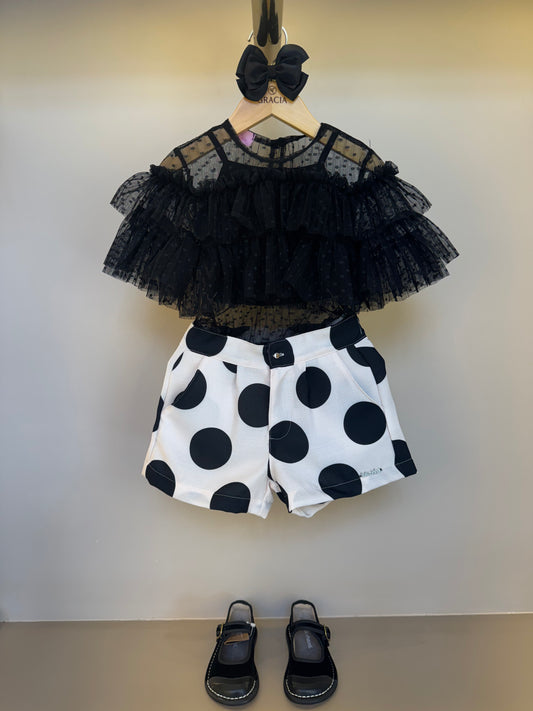 Conjunto Infantil Blusa Babados Tule Mini Póas e Shorts Póas - Luluzinha =