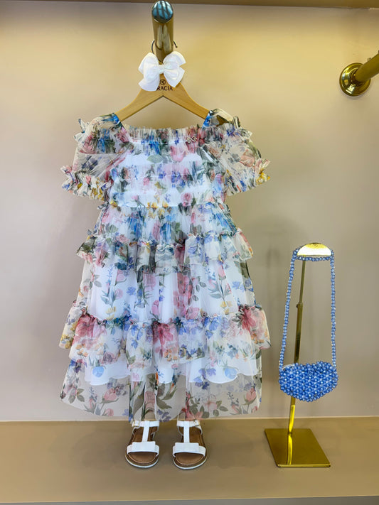 Vestido Infantil Midi Tule Floral com Babados - Luluzinha