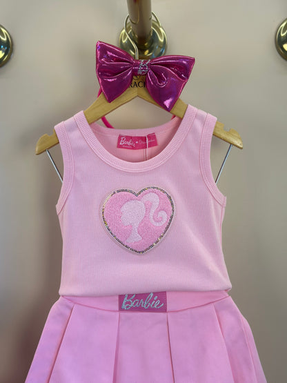 Conjunto Infantil Regata Patche Coração Barbie e Saia Sarja Pregas Patche Barbie Rosa Romântico - Pituchinhus