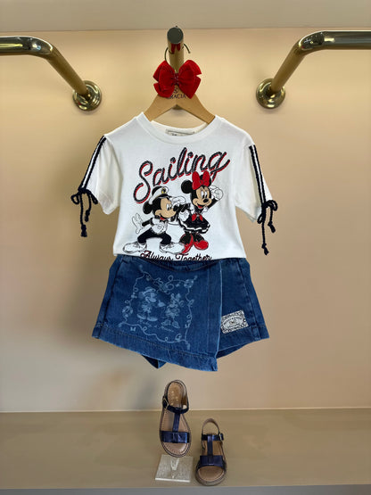 Conjunto Infantil Blusa Sailing e Shorts-saia Jeans Mickey & Minnie - Animê