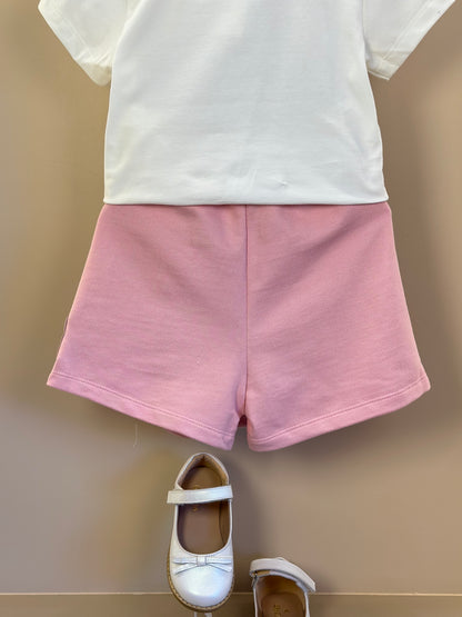 Conjunto Infantil Blusa Chip`N Dale Pérola e Shorts-saia Rosa Quartz - Momi Mini