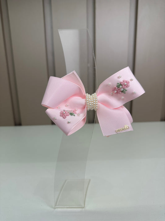 Laço Infantil Rosa Bordado Pérolas Flores - Roana