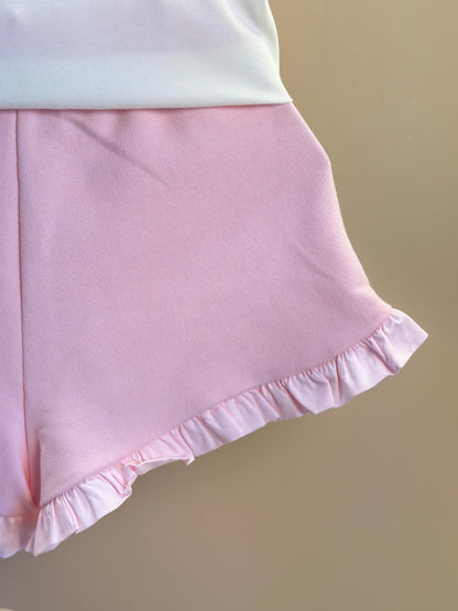 Conjunto Infantil Blusa Algodão Cotton Floral  Strass e Shorts Moletocotton Babadinho Rosa - Luluzinha