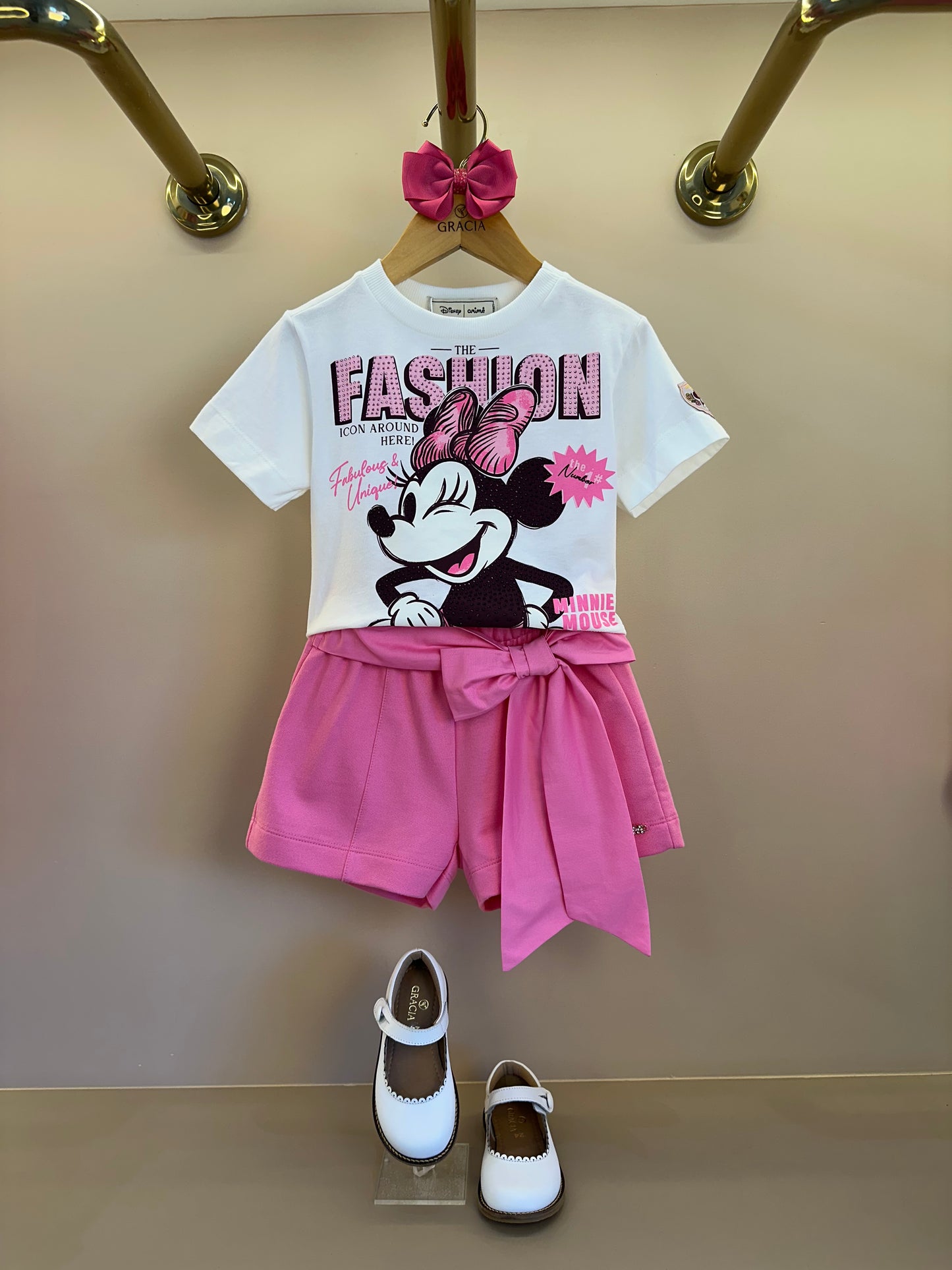 Conjunto Infantil Blusa Minnie e Shorts Laço Rosa Pop - Animê