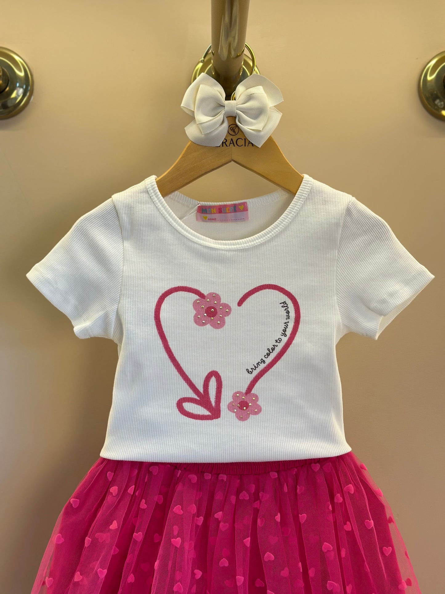 Conjunto Infantil Blusa Estampa Coração e Saia de Tule Corações - Mon Sucre