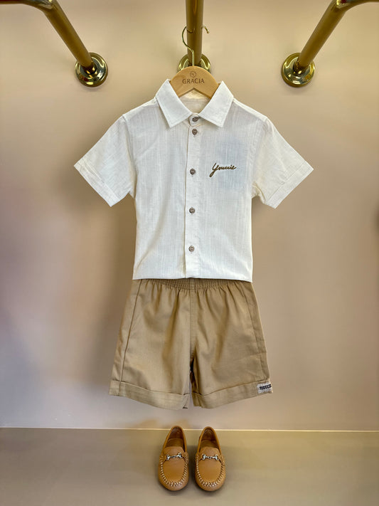 Conjunto Infantil Camisa Manga Curta e Bermuda Off White - Youccie