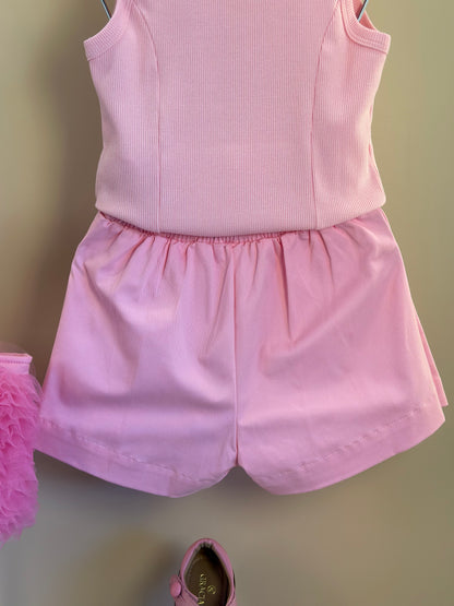 Conjunto Infantil Regata Patche Coração Barbie e Saia Sarja Pregas Patche Barbie Rosa Romântico - Pituchinhus