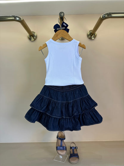 Conjunto Infantil Regata Sun Bordados Saia-shorts Jeans Babados Strass - Pituchinhus