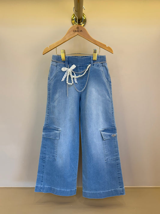 Calça Jeans Infantil  Wide Cargo Com Cinto - Gabriela Aquarela
