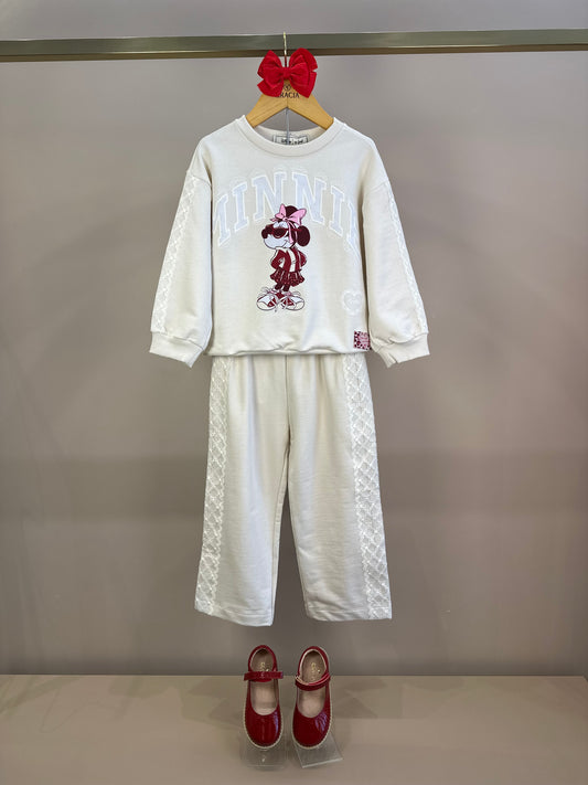 Conjunto Infantil Casaco Minnie Renda Bordadoe Calça Moletom Renda Bege Vanilla - Animê Petite