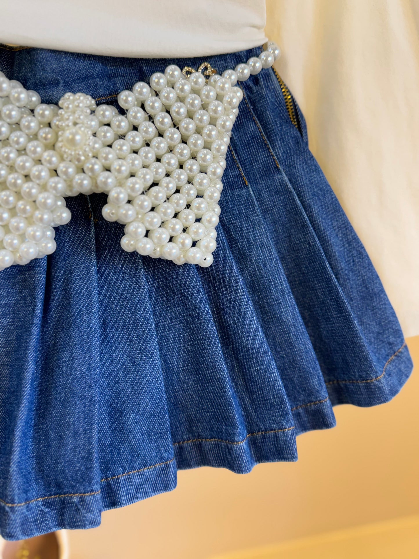 Conjunto Infantil Blusa ML Laço e Saia-shorts Jeans Pochete Laço Pérolas - Luluzinha