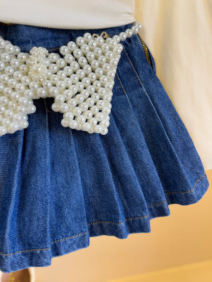 Conjunto Infantil Blusa ML Laço e Saia-shorts Jeans Pochete Laço Pérolas - Luluzinha