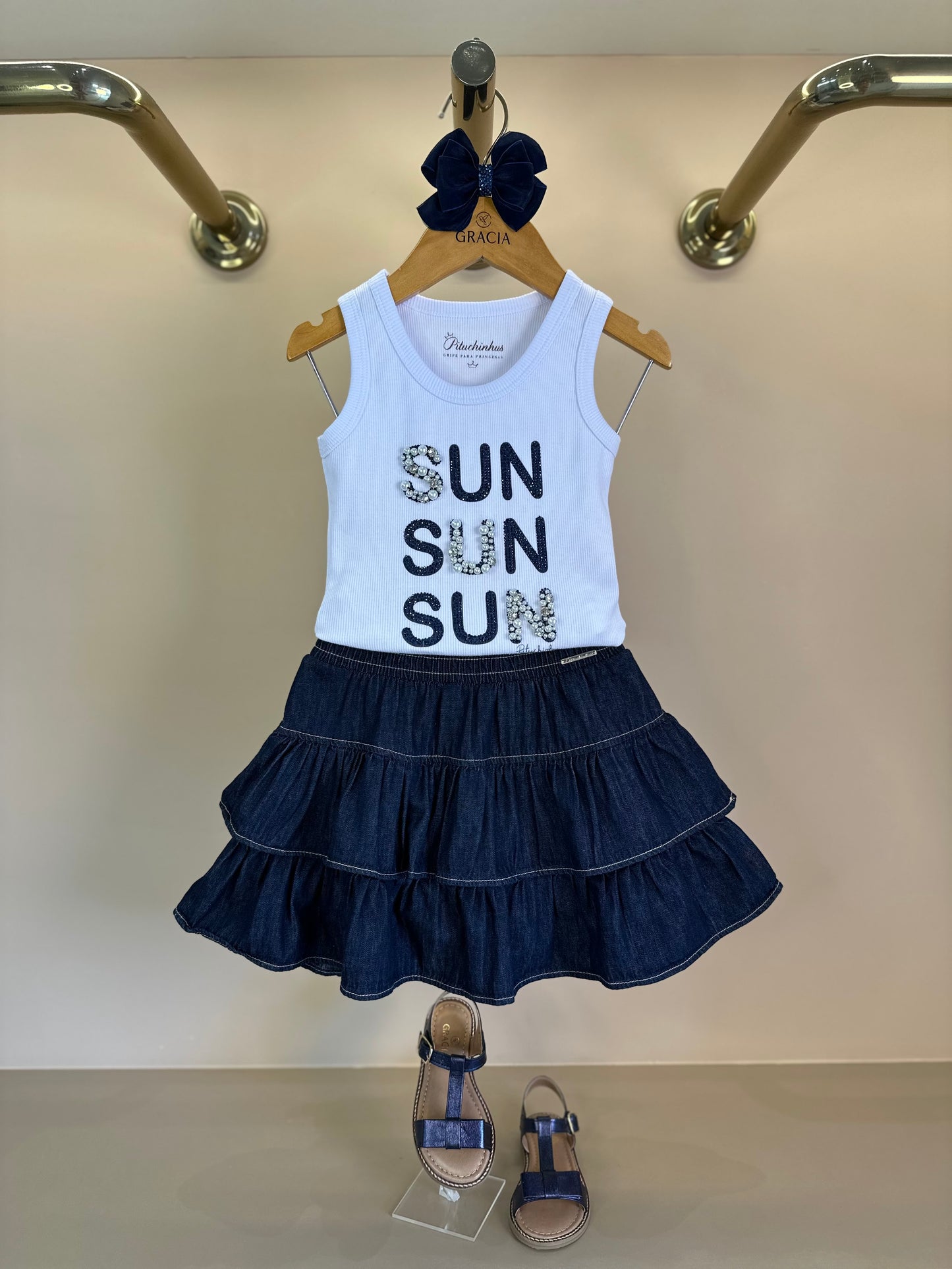 Conjunto Infantil Regata Sun Bordados Saia-shorts Jeans Babados Strass - Pituchinhus