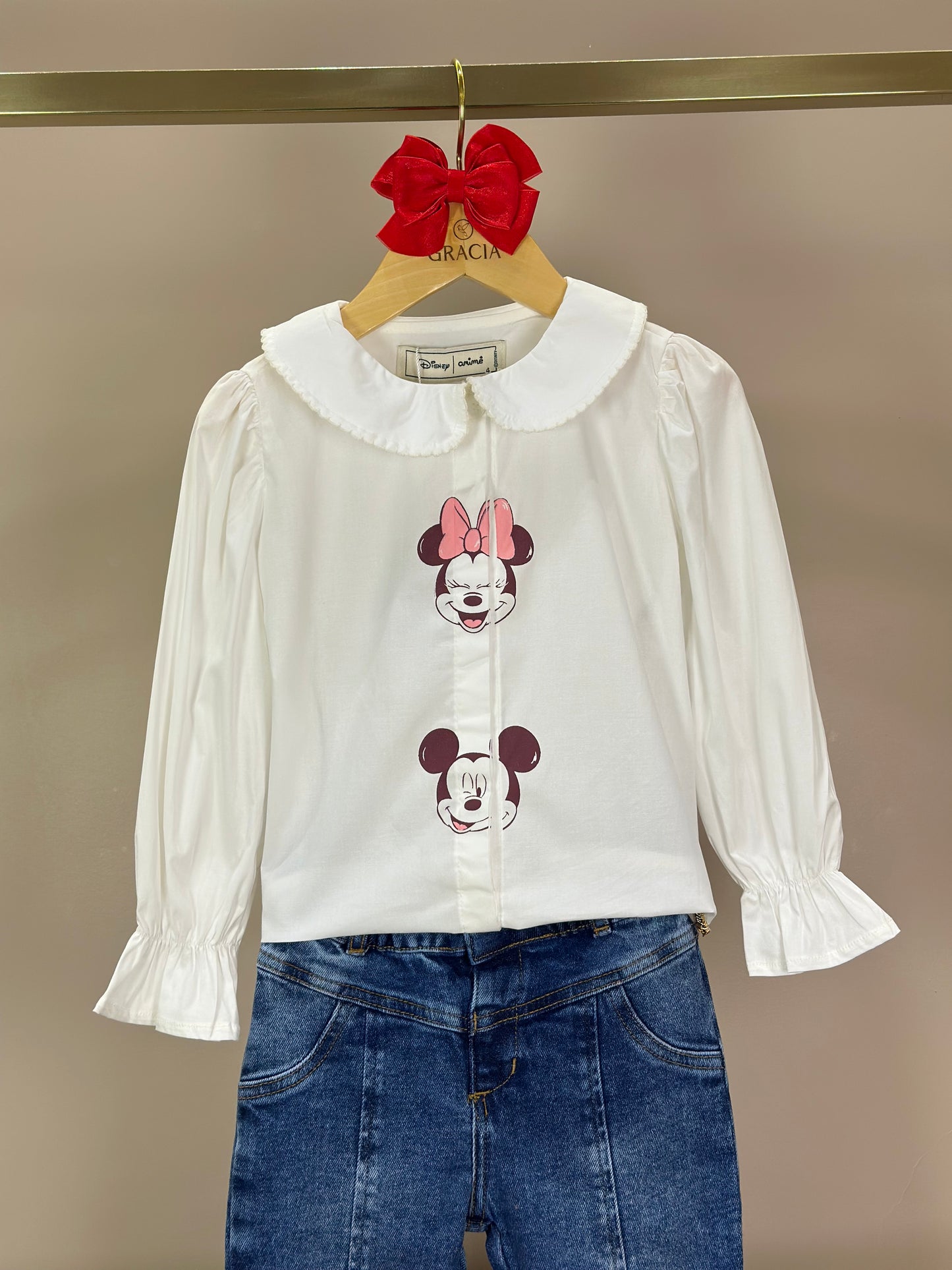 Conjunto infantil Camisa Minnie Off White e Calça Flare Jeans - Animê Petite