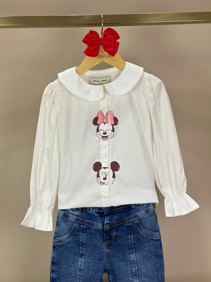 Conjunto infantil Camisa Minnie Off White e Calça Flare Jeans - Animê Petite