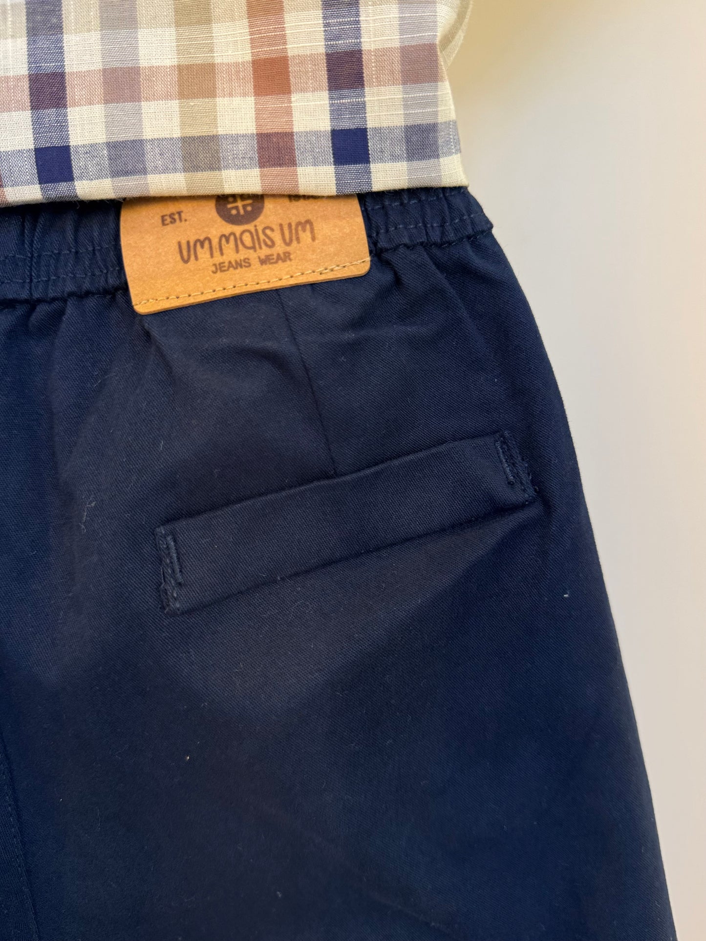 Conjunto Infantil Camisa Gola Padre Xadrez Fio Tinto e Bermuda Sarja Marinho - Um Mais Um