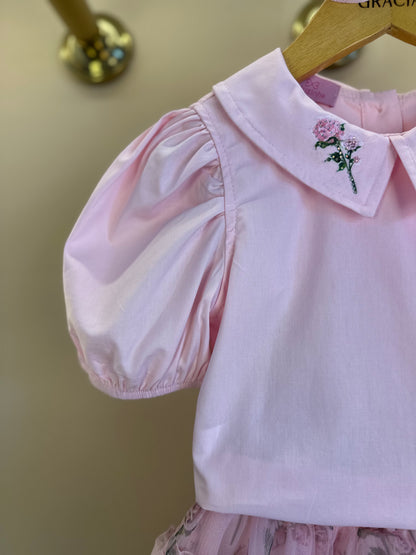Conjunto Infantil Blusa Tricoline Golinha Patch Strass e Saia Rodada Tule Glitter Floral - Luluzinha PRÉ-VENDA