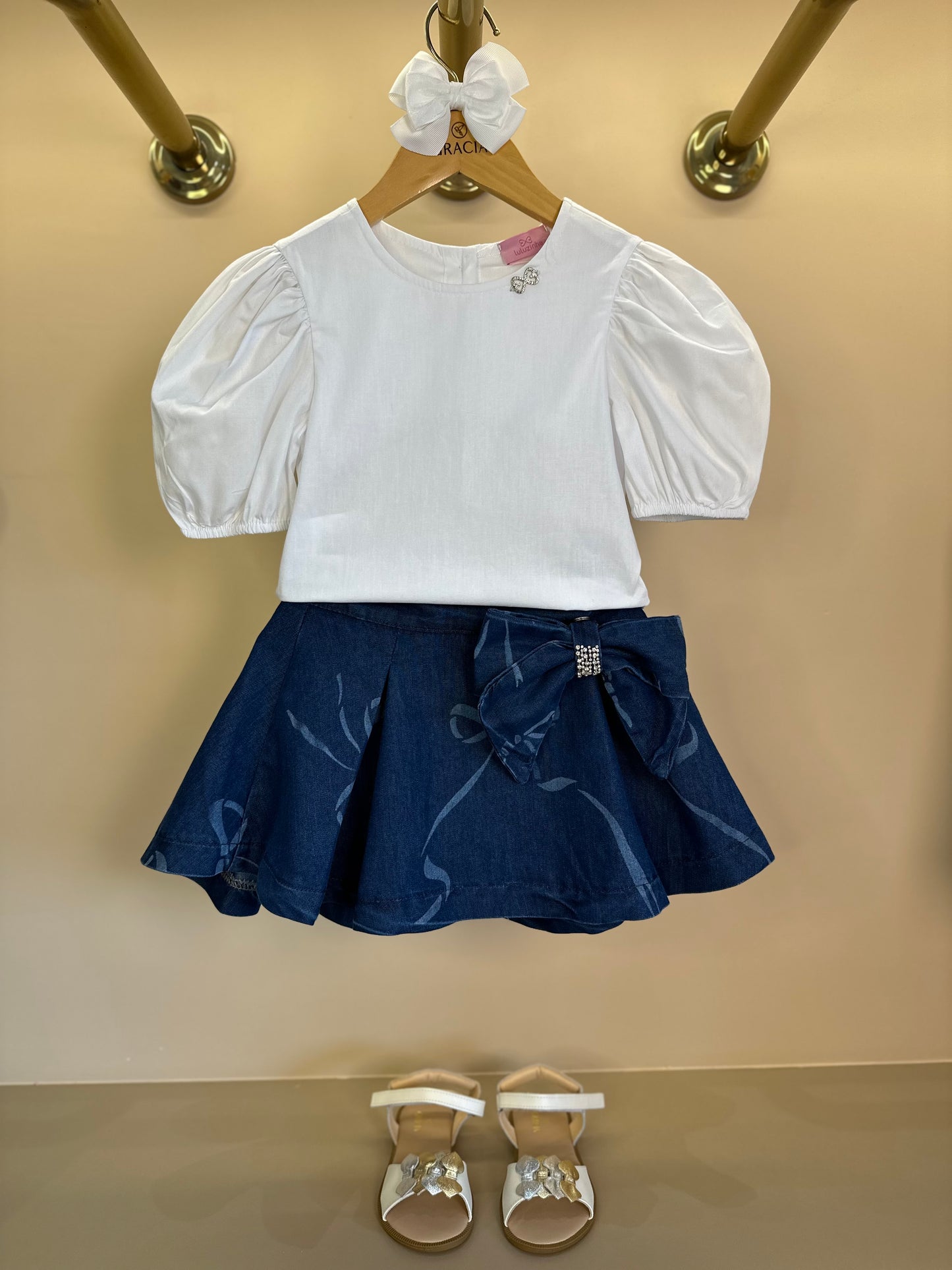 Conjunto Infantil Blusa Algodão e Saia Jeans Laços - Luluzinha