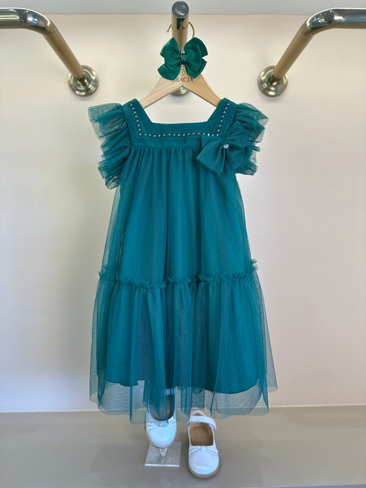 Vestido Infantil Trapézio Tule Bordado Paetê e Laço Verde - Petit Cherie
