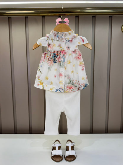 Conjunto Bebê Bata Tricoline Bordada Floral Candy e Legging Off White - Um Mais Um
