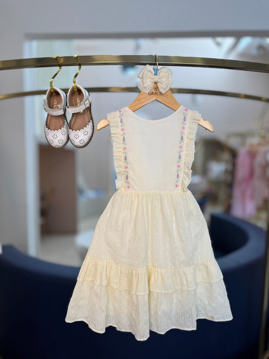 Vestido Infantil Algodão Laços Laterais e Bordados Amarelo - Petit Cherie