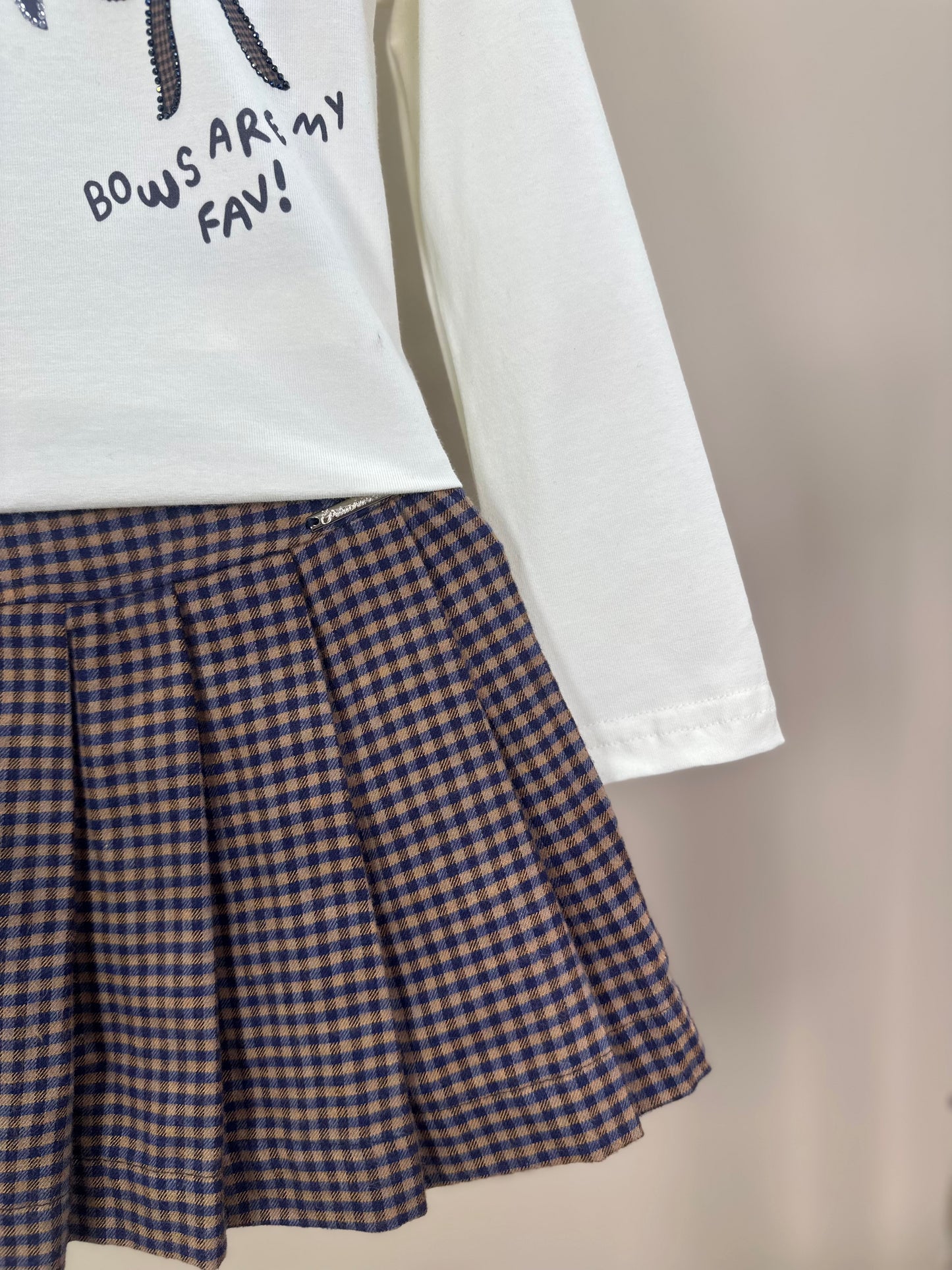 Conjunto Infantil Blusa Cotton Laços e Saia Xadrez com Pregas - Pituchinhus
