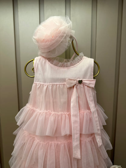 Vestido Infantil Tule Camadas Babados Laço Rosa Fada - Pituchinhus
